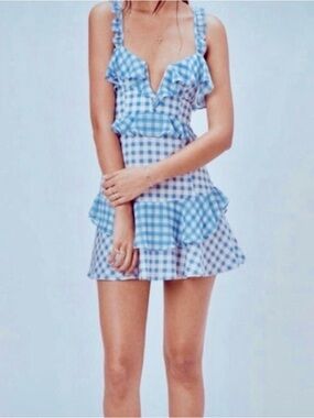 For Love & Lemons Light Blue and White Gingham Dress Size Medium